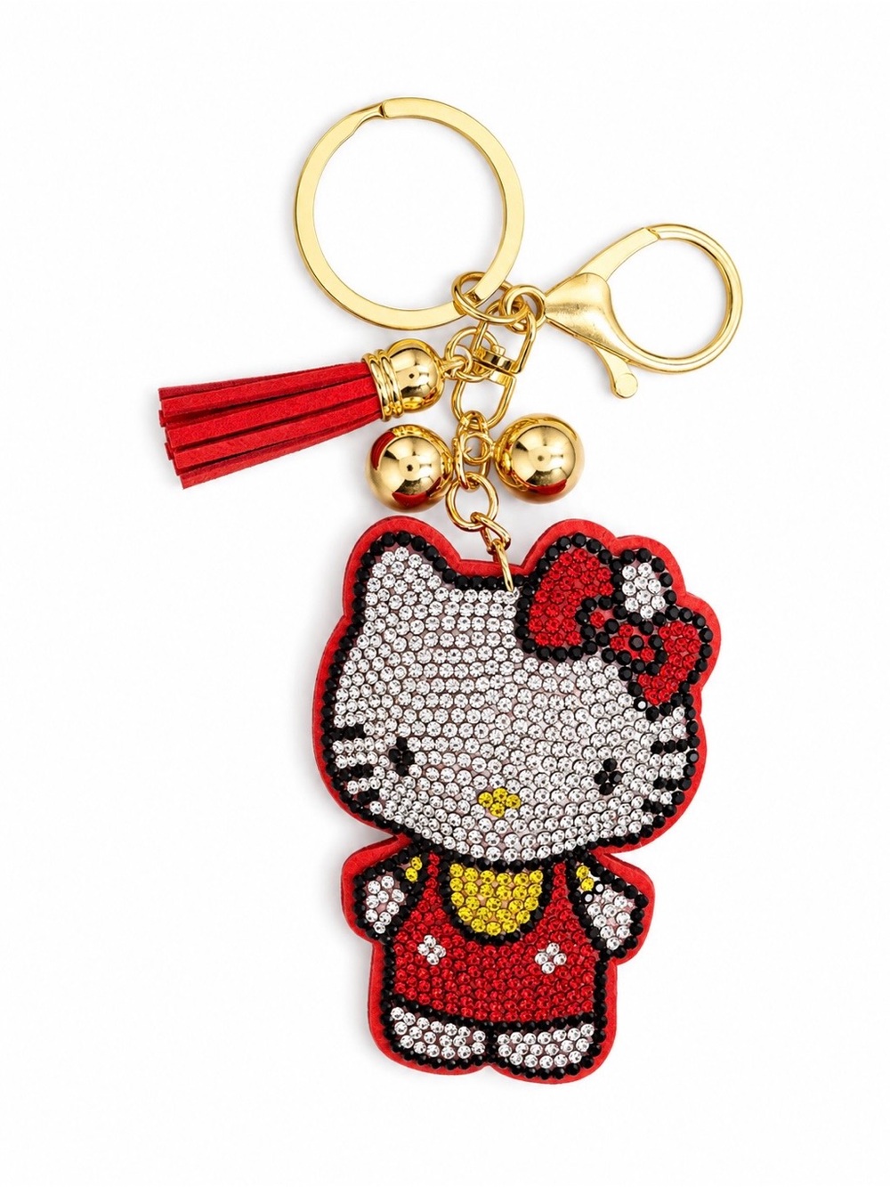Rhinestone Kitty Keychain with Tassel – Red & Gold Sparkle Charm
